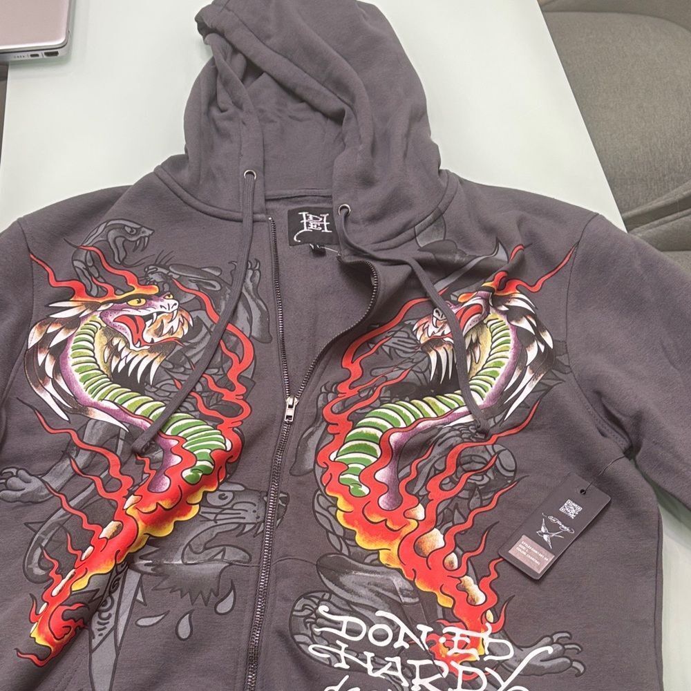 Ed Hardy Gray Zip Hoodie with Colorful Dragon Graphics cool large